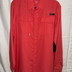 Red Casual Button Down Shirt with Collared Neckline